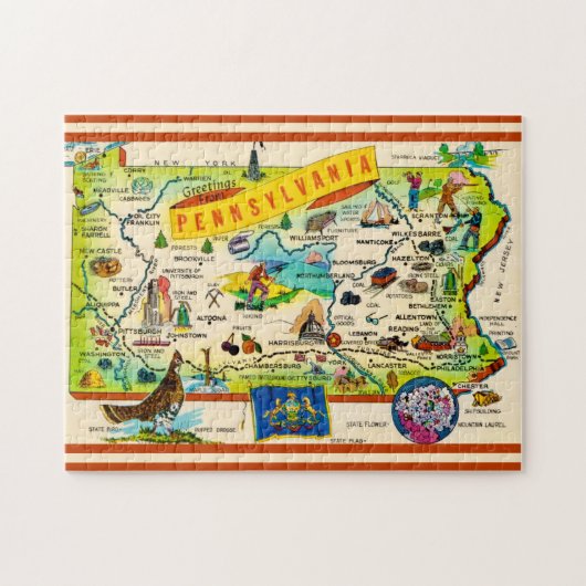 Carte puzzle colorée de Pennsylvanie 11x14 (Horizontal)