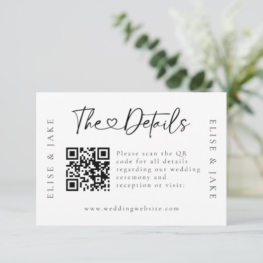 Carte QR Code Heart Font Mariage Détails (Debout devant)