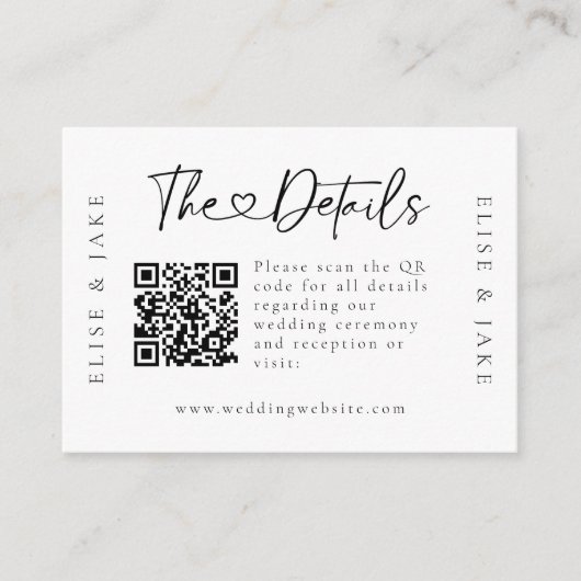 Carte QR Code Heart Font Mariage Détails (Devant)