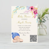 Carte QR Code mignon couchage bébé garçon douche Invitat (Debout devant)