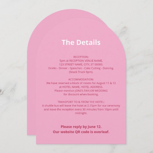 Carte QR Code Pink Magenta Mariage Détails (Devant / Derrière)