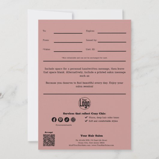 Carte QR Code Services Coiffure rose Certificat cadeau (Dos)