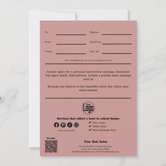 Carte QR Code Services Note Août Certificat cadeau (Dos)