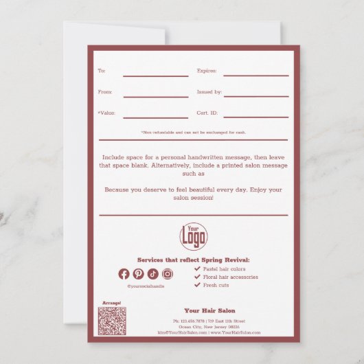 Carte QR Code Services Note mars Certificat cadeau (Dos)