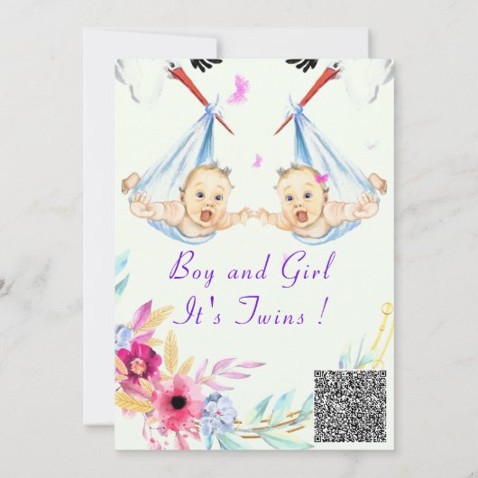 Carte QR Code Twins Baby shower garçon et fille Invitati (Dos)