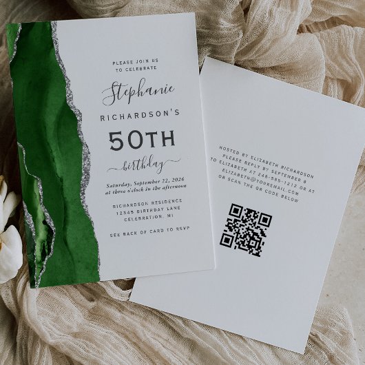 Carte QR Code Vert Agate Argent 50e Anniversaire