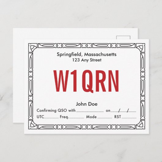 Carte QSL Art Déco Rétro Texte Rouge (Devant / Derrière)