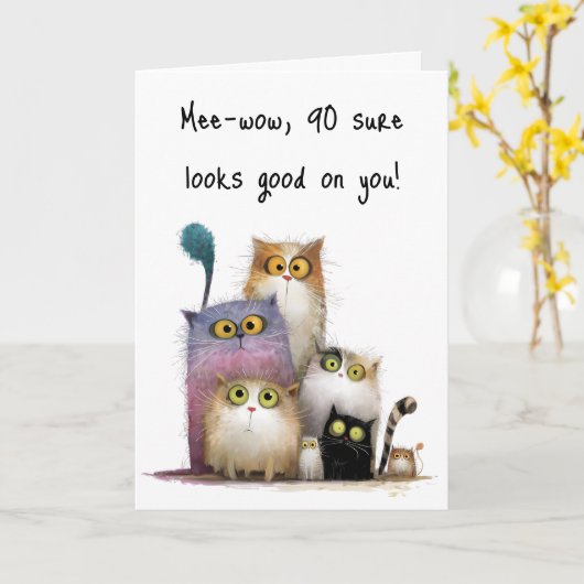 Carte Quaint Cats with Big Eyes 90th Birthday Greeting (Fleur jaune)