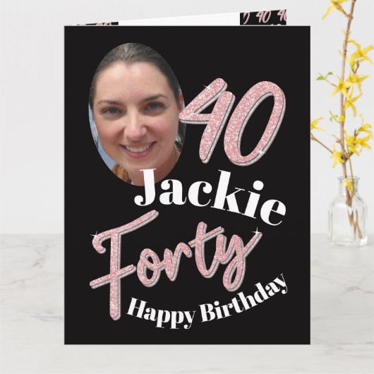 Carte Quarante 40e anniversaire script photo rose rose (Fleur jaune)