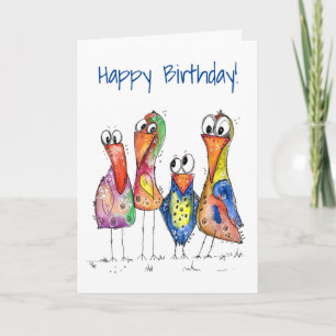 Carte Quatre Beaux Oiseaux Whimsical Colorés
