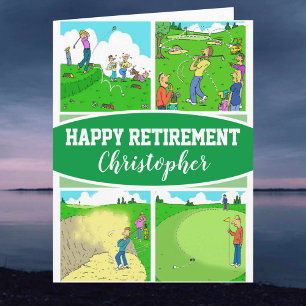 Carte Quatre dessins humoristiques de golfeur sur une re