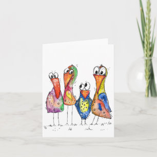 Carte Quatre oiseaux fantaisistes et colorés mignons