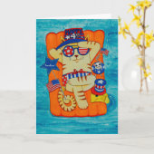 Carte Quatrième de chat de juillet dans le casquette (Fleur jaune)