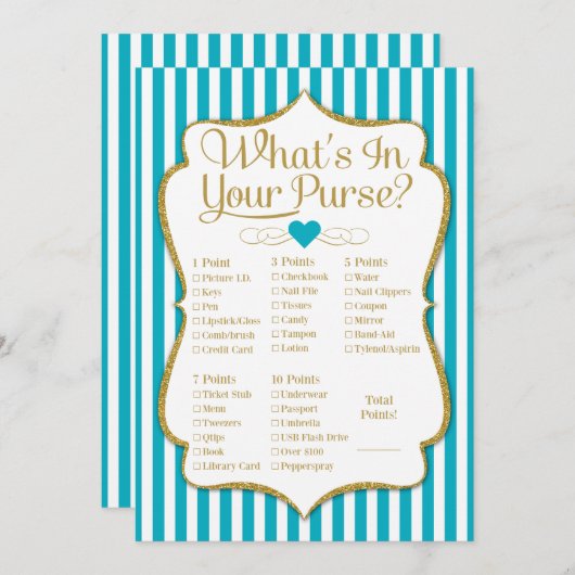 Carte Qu'est-ce que dans votre sac à main Jeu Turquoise  (Devant / Derrière)