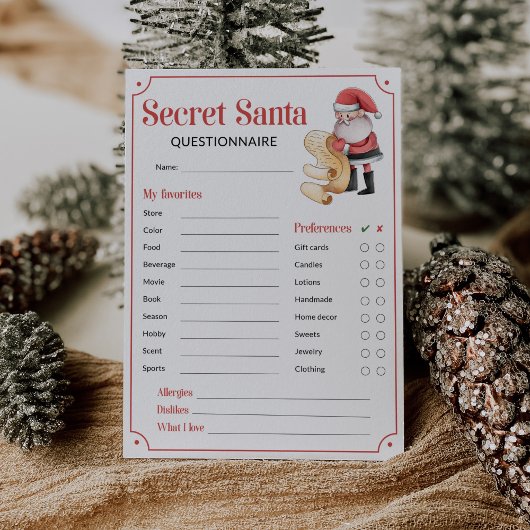 Carte Questionnaire Père Noël Secret pour carte-cadeau