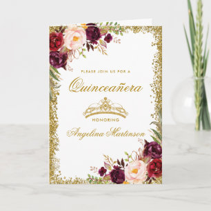 Carte Quinceanera Bourgogne Floral Photo Gold Crown Pold