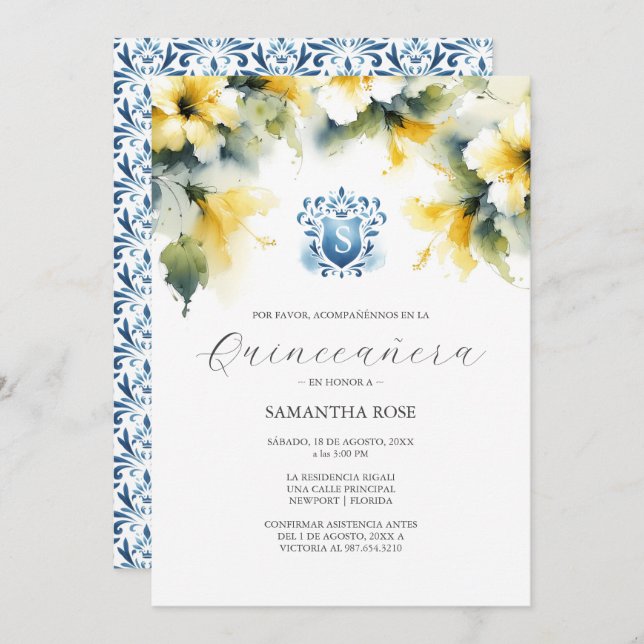 Carte Quinceanera florale jaune (Devant / Derrière)