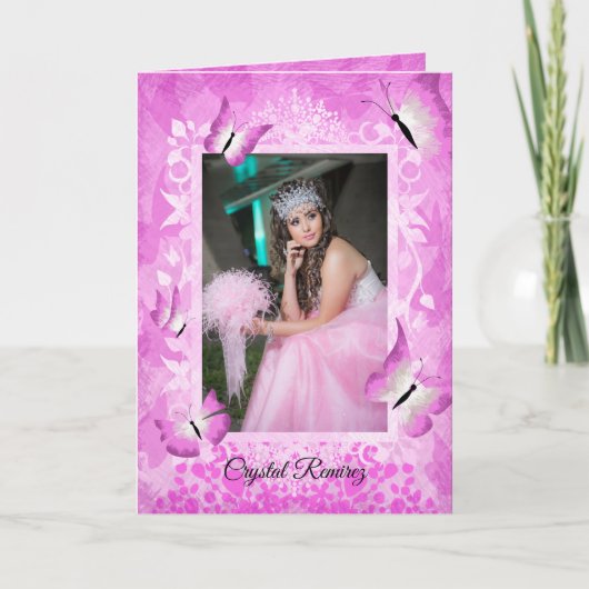 Carte Quinceanera, papillon rose et noir (Devant)