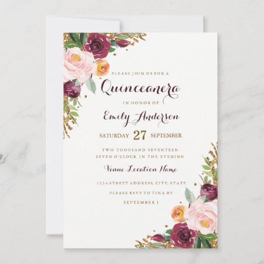Carte Quinceanera Parties scintillant Florale Or B (Devant)