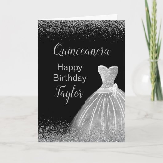 Carte Quinceanera Robe Argent Parties scintillant Faux (Devant)