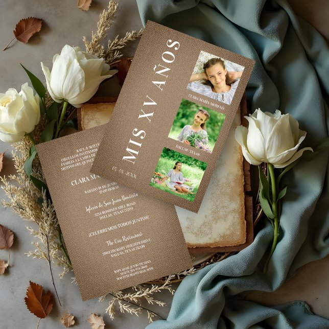 Carte Quinceañera textile Brown rustique avec 3 photos (Rustic Brown Quinceañera Invitation with Fabric Texture & 3 Custom Photos Invitations Cards. )