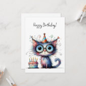 Carte Quirky Whimsical Cat Party Hat Cake Birthday (Devant/Arrière en situation)