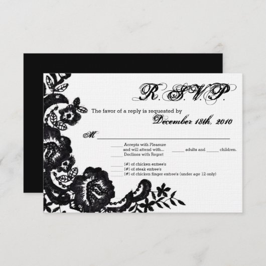 Carte R.S.V.P 3,5x5 noir en dentelle noire Damask  (Devant / Derrière)