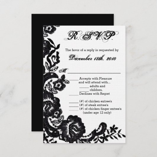 Carte R.S.V.P 3,5x5 noir en dentelle noire Damask (Devant / Derrière)