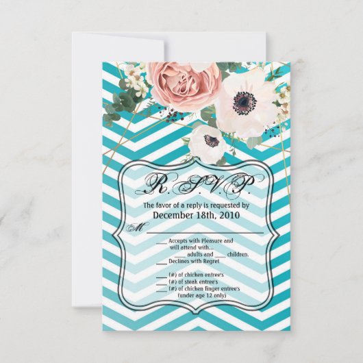 Carte R.S.V.P 3,5x5 Rose géométrique Chevron Turqu (Devant)