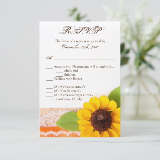 Carte R.S.V.P. 3,5x5 Sunflower Rustique Dentelle d (Debout devant)