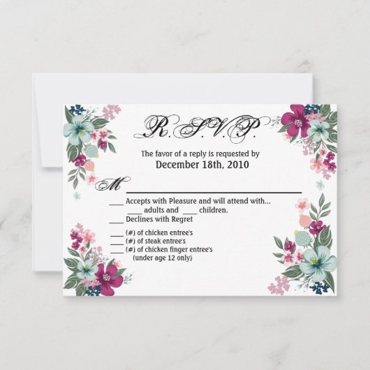 Carte R.S.V.P. 5x3.5 Fleurs tropicales en blanc (Devant)