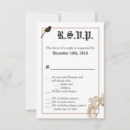 Carte R.S.V.P. 8,9x12,7 cm Oiseaux Amoureux Formel (Devant)
