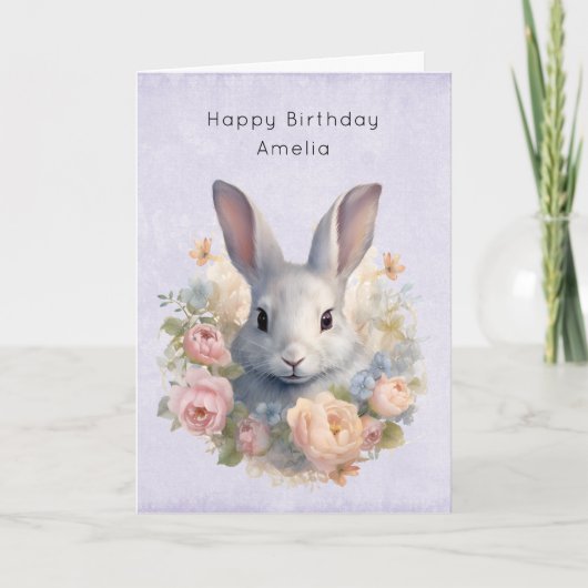 Carte Rabbit Surrounded by Pastel Flowers Cute Birthday (Devant)