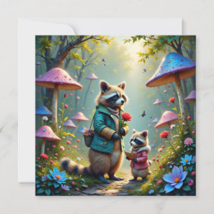 Carte Raccoon mère et enfant en route pour une fête