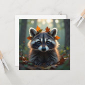 Carte Raccoon mignon dans les feuilles d'automne (Devant/Arrière en situation)