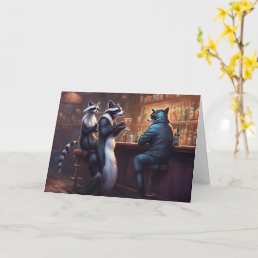 Carte Raccoons boire un verre dans un bar parler d'ordur (Fleur jaune)