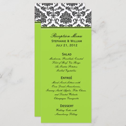 Carte rack Damask Green Mariage Menu (Devant / Derrière)