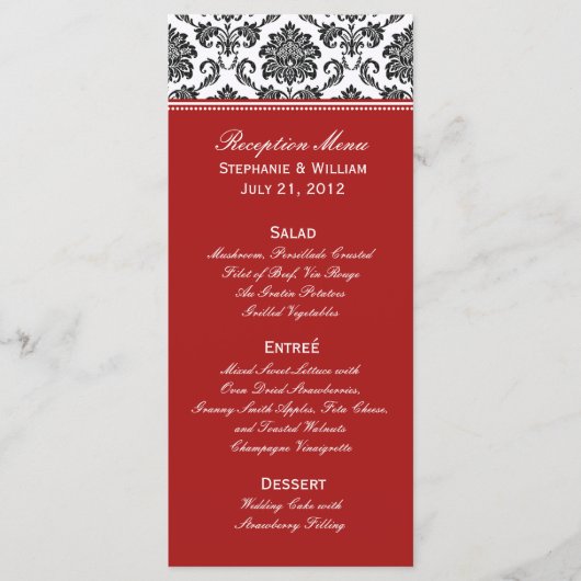 Carte rack de menu Mariage damassé noir et blanc (Devant)