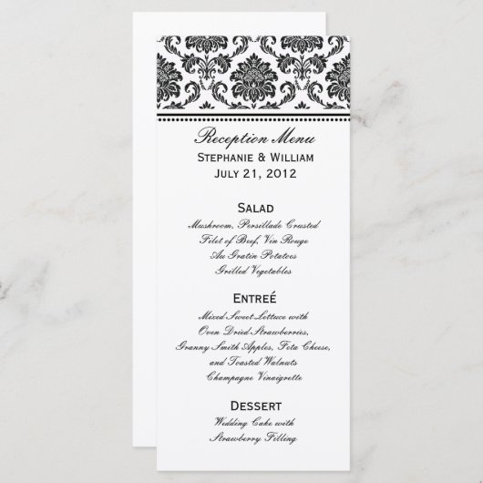 Carte rack de menu Mariage damassé noir et blanc (Devant / Derrière)