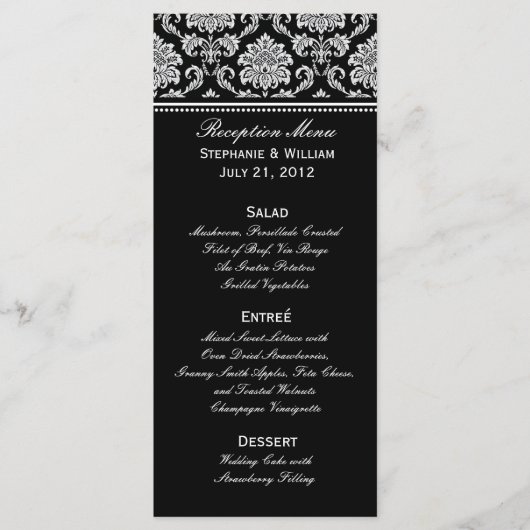 Carte rack de menu Mariage damassé noir et blanc (Devant)