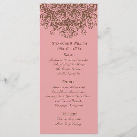 Carte rack de menu Mariage rose et Brown (Devant)