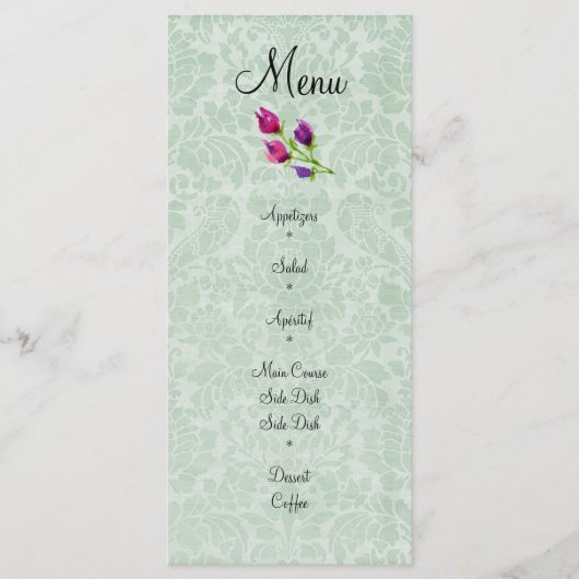 Carte rack de menu Mint Green Mariage damassé 4 po (Devant)