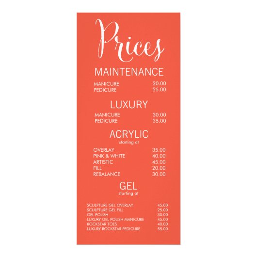 Carte Rack du menu Boutique d'affaires - Tarifs (Devant)