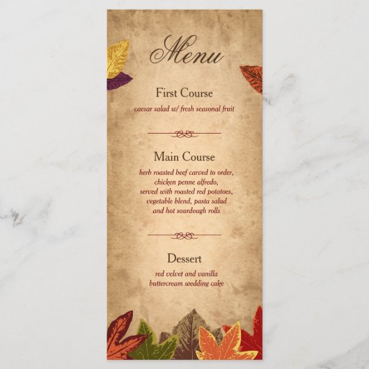 Carte rack du menu Mariage rustique | Thème Automn (Devant)