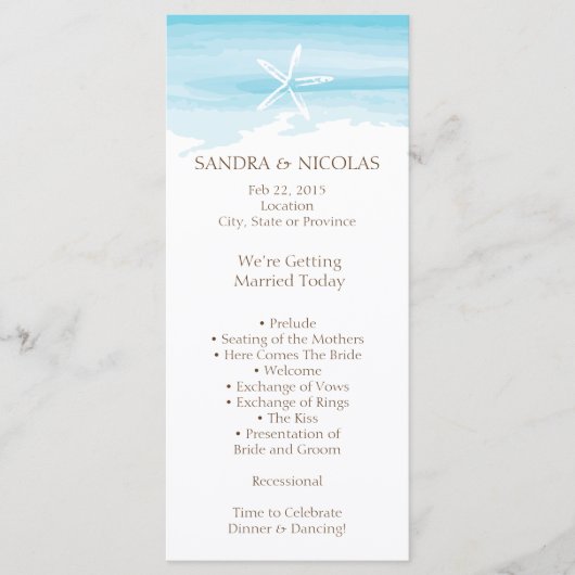 Carte rack du programme de mariage de plage (Devant)