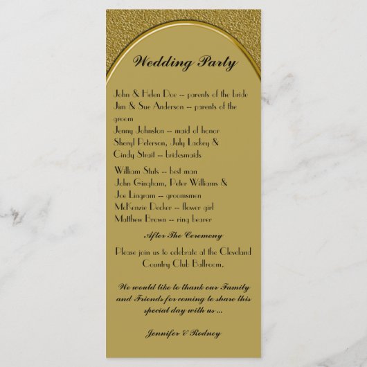 Carte rack du programme de mariage noir et or (Dos)