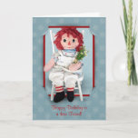 Carte Rag Doll Friend<br><div class="desc">Vintage rag doll with daisy bouquet in slit corner red frame for birthday. Customize card with any name.</div>