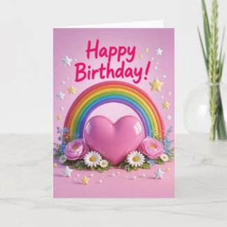 Carte Rainbow and pink love heart birthday