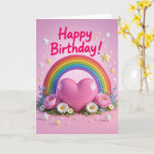 Carte Rainbow and pink love heart birthday (Fleur jaune)