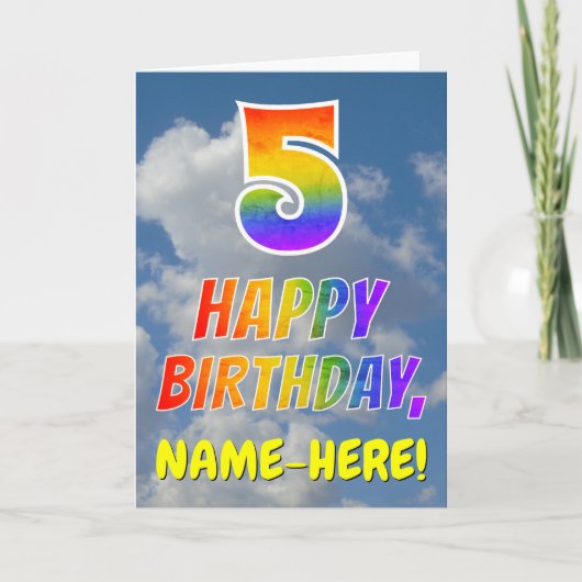 Carte Rainbow Look "5" & "HEUREUX ANNIVERSAIRE", Nuages, (Devant)